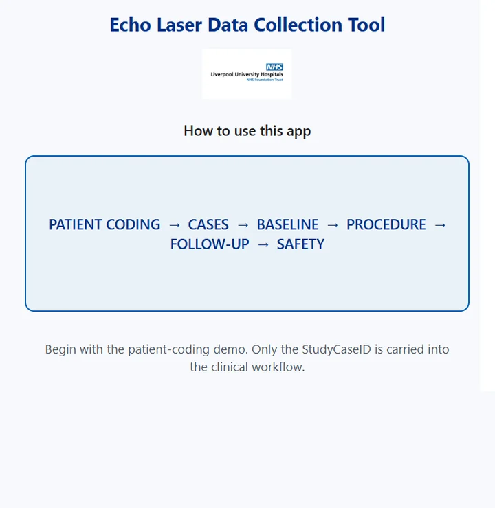EchoLaser Data Collection Tool home screen: the route from patient coding to cases, baseline, procedure, follow-up and safety, noting that only the study code is carried into the clinical workflow