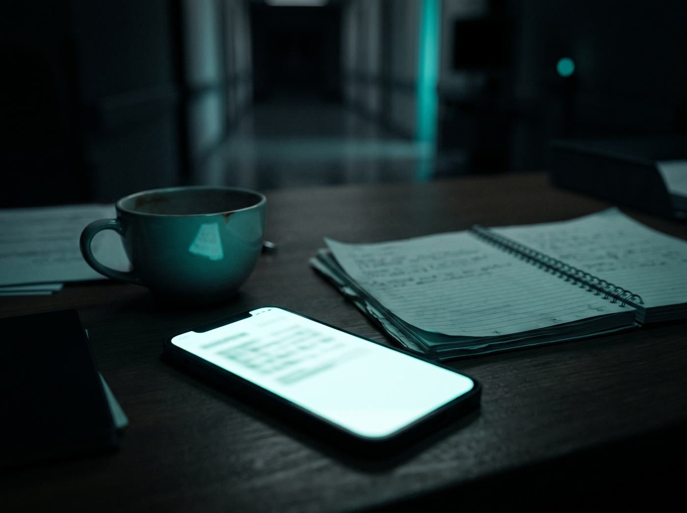 A phone glowing on a ward desk at night, next to a mug of tea and a spiral notebook of handwritten notes