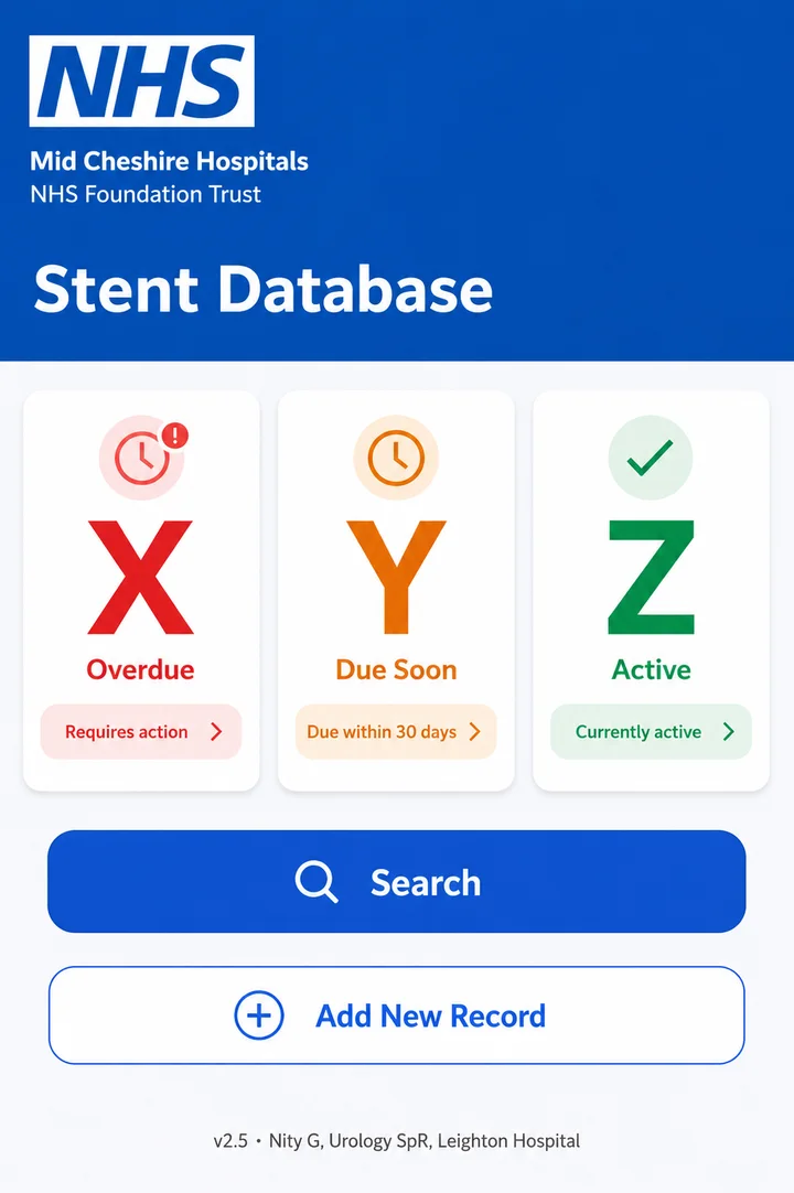 Stent Database home screen: overdue, due soon and active at a glance, with search and add record actions